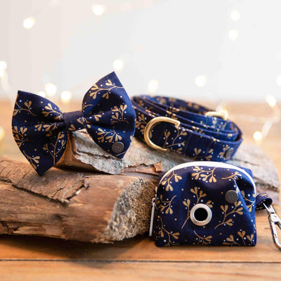 Navy mistletoe dog bow tie, poop bag holder, collar and lead set