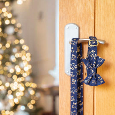 Navy mistletoe dog bow tie, collar and lead in a Christmas setting