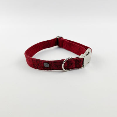 Cranberry herringbone dog collar with silver fitting