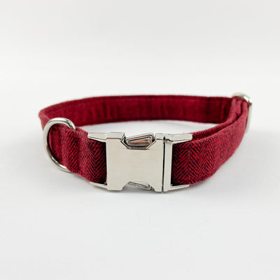 Cranberry herringbone dog collar with silver fitting