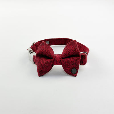 Cranberry herringbone dog collar with matching bow tie