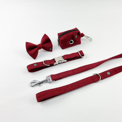 Cranberry Herringbone dog collar, lead, bow tie and poop bag holder set