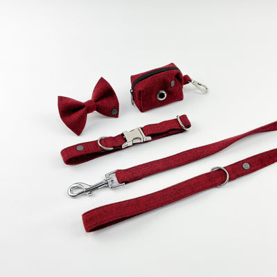 Cranberry herringbone dog bow tie, poop bag holder, collar and lead set