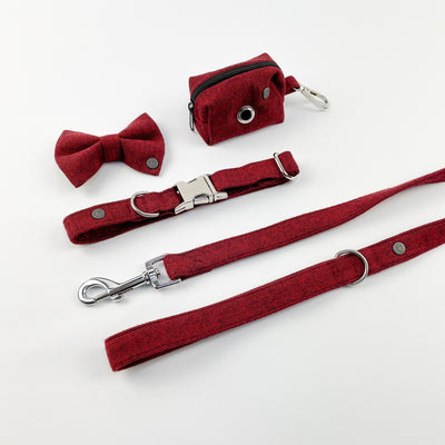 Cranberry herringbone dog collar, poop bag holder, bow tie and lead set, with silver fittings