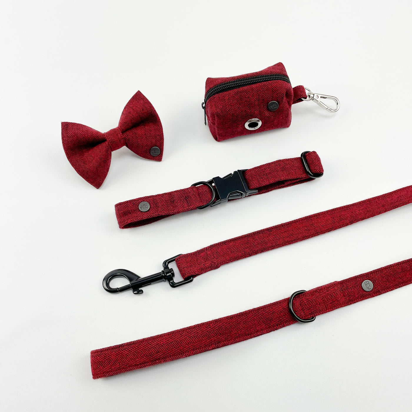Cranberry herringbone tweed bow tie, poop bag holder, collar and lead with black fittings