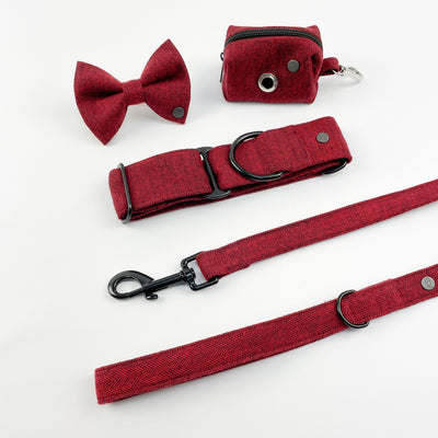 Cranberry herringbone martingale collar, bow tie, poop bag holder and lead