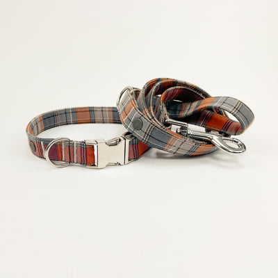 Grey and Orange Tartan Dog Collar