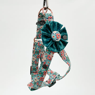 Liberty winter floral step in dog harness With emerald flower