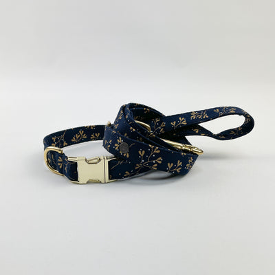 Navy mistletoe dog lead and collar