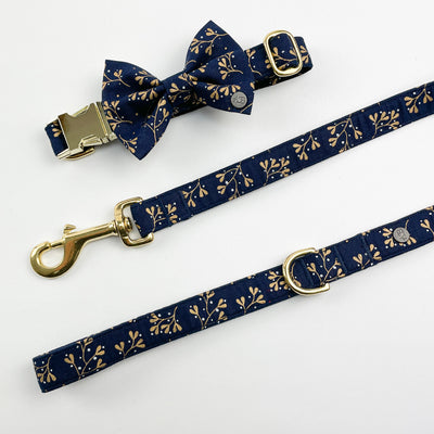 Navy mistletoe dog lead and collar with bow tie
