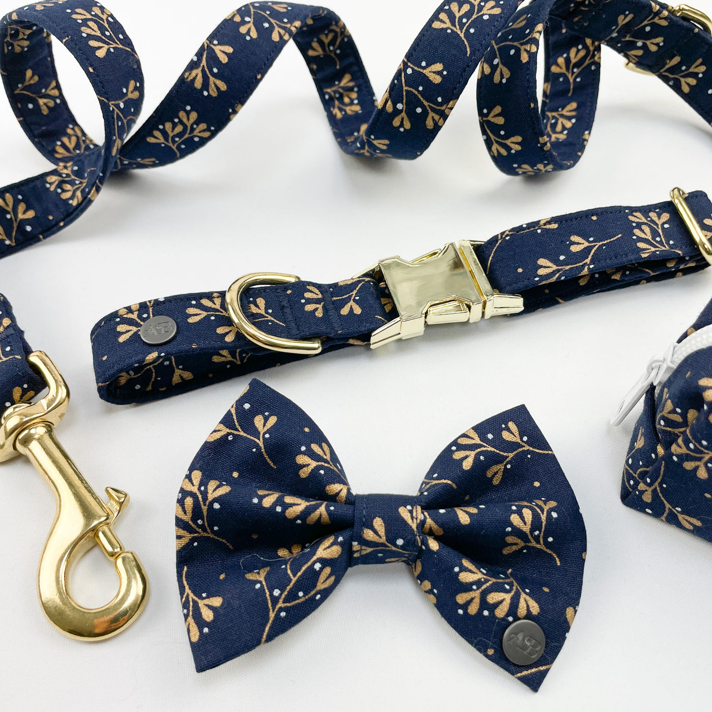 Navy mistletoe bow tie, collar and lead