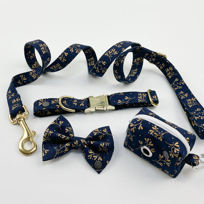 Navy mistletoe dog lead, collar, bow tie and poop bag holder