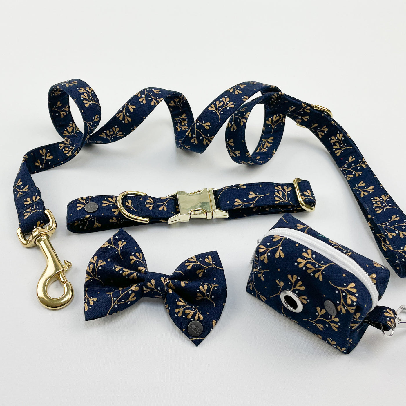 Navy mistletoe dog bow tie, poop bag holder, collar and lead set