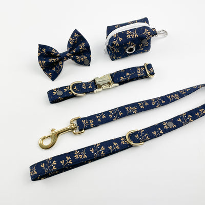Navy mistletoe bow tie, poop bag holder, collar and lead set