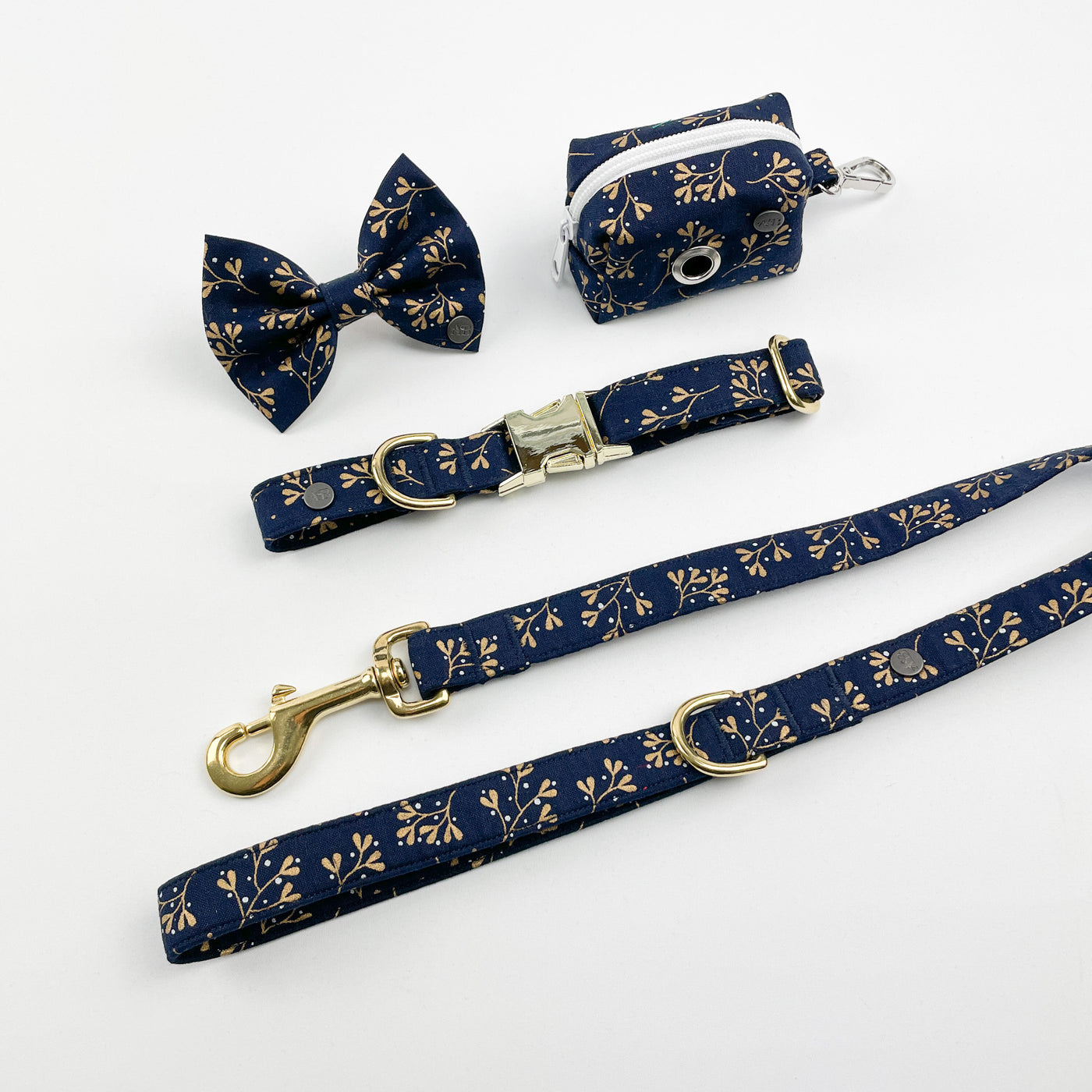 Navy mistletoe dog lead, collar, bow tie and poop bag holder