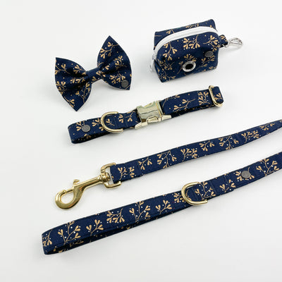 Navy mistletoe dog bow tie, poop bag holder, collar and lead set
