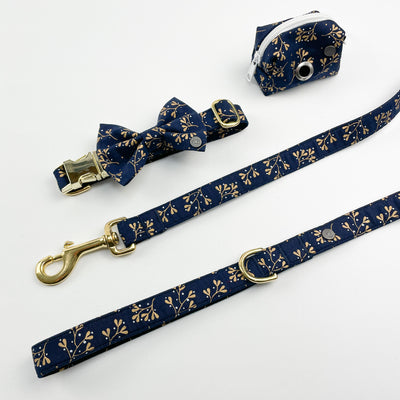 Navy mistletoe dog bow tie, poop bag holder, collar and lead set