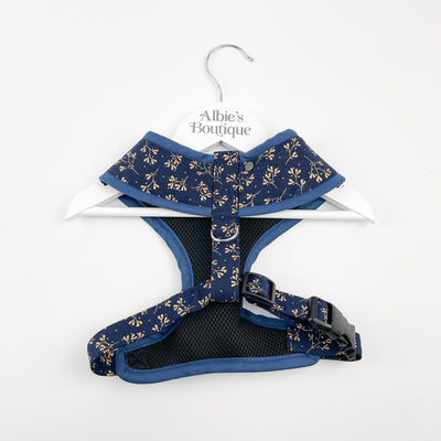 The reverses side of a Navy Mistletoe soft dog harness