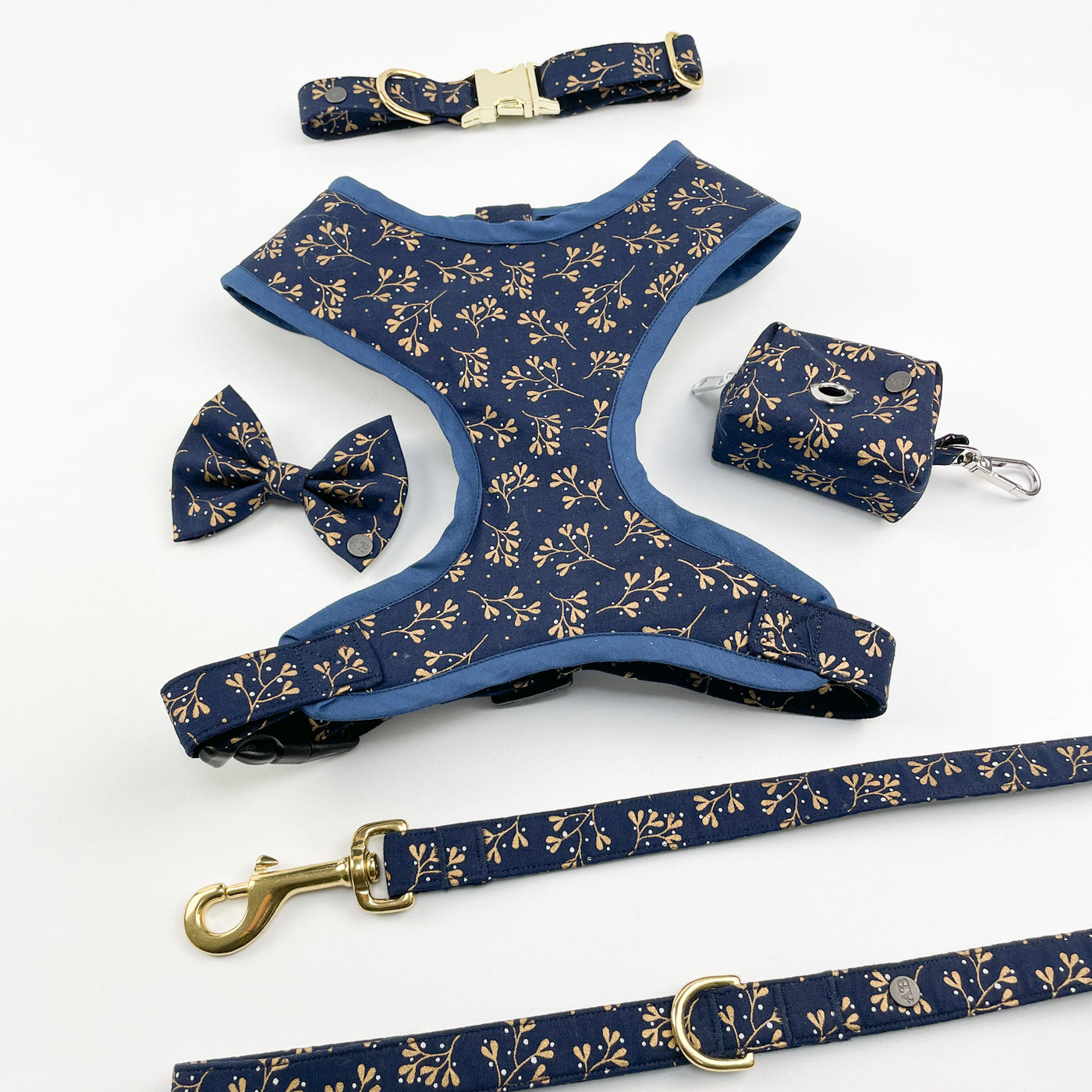 Navy Mistletoe soft dog harness, with matching dog collar, poop bag holder, collar and lead