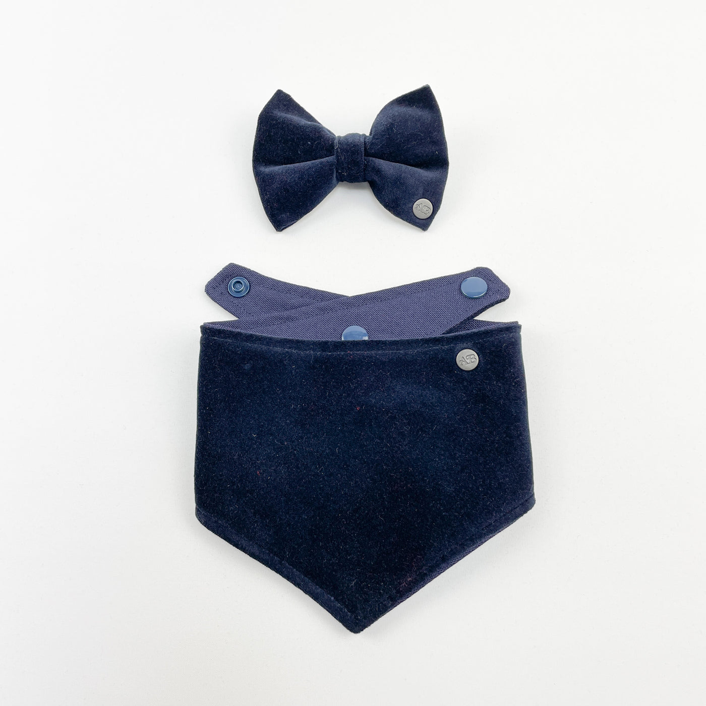 Navy velvet dog banana and navy dog bow tie