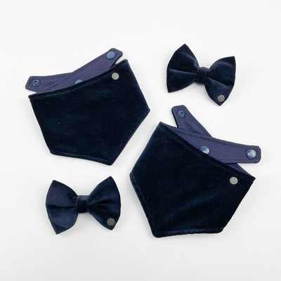Two Navy velvet dog bananas and two navy velvet dog bow ties