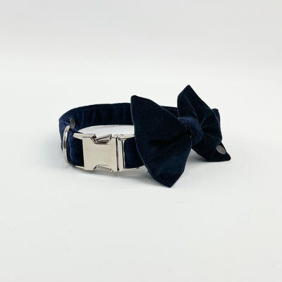 Navy velvet dog collar and bow