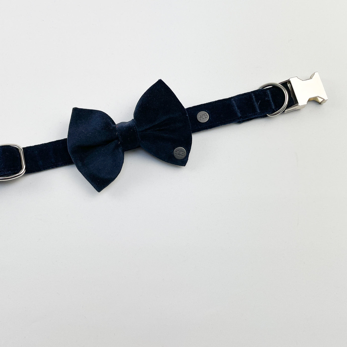 Navy velvet bow tie on navy velvet dog collar