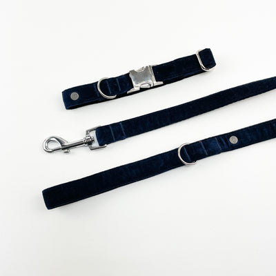 Navy velvet dog collar with lead