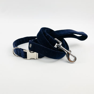 Navy velvet dog collar and lead