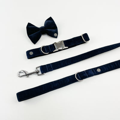 Navy velvet dog bow tie, collar and lead set