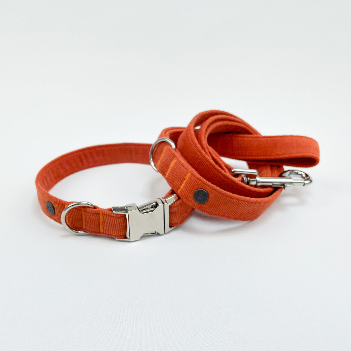 Orange Corduroy collar and lead with silver fittings