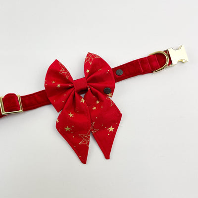 Red Red Christmas star sailor bow tie on red velvet collar