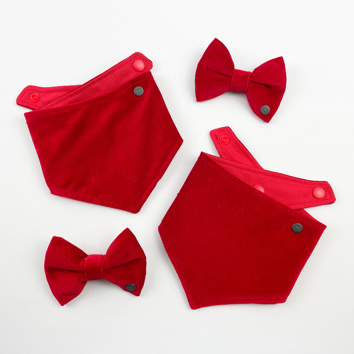 Two Red velvet dog bandanas and two red velvet bow ties