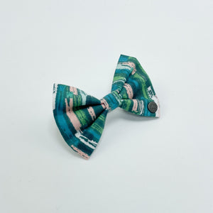 Autumn Stripe Dog Bow Tie in tones of teal, blush pink, green and grey. 