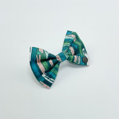 Autumn Stripe Dog Bow Tie in tones of teal, blush pink, green and grey. 