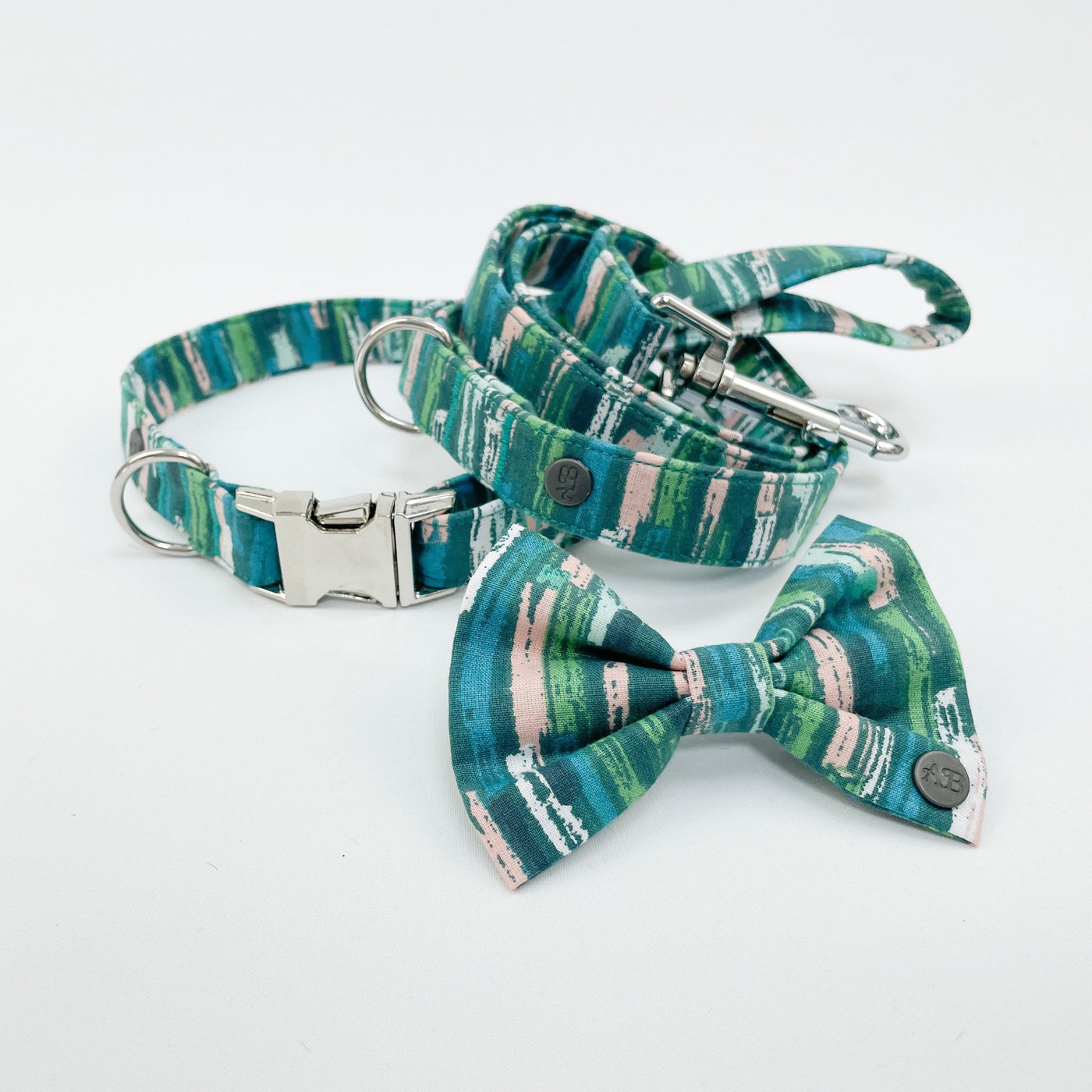 The Autumn Stripe range - dog bow tie, collar and lead.