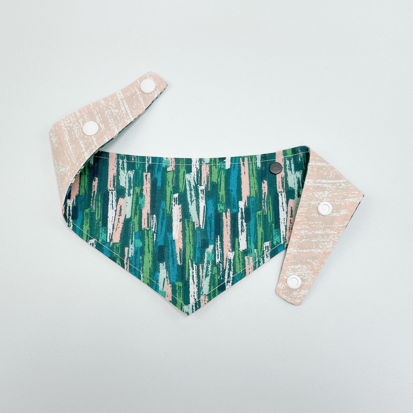 Autumn Stripe Check Dog Bandana in tones of teal, green, grey and blush pink.