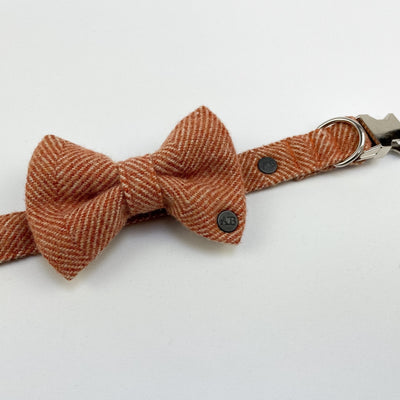 Luxury Burnt Umber Herringbone Tweed Dog Bow Tie shown attached to matching collar
