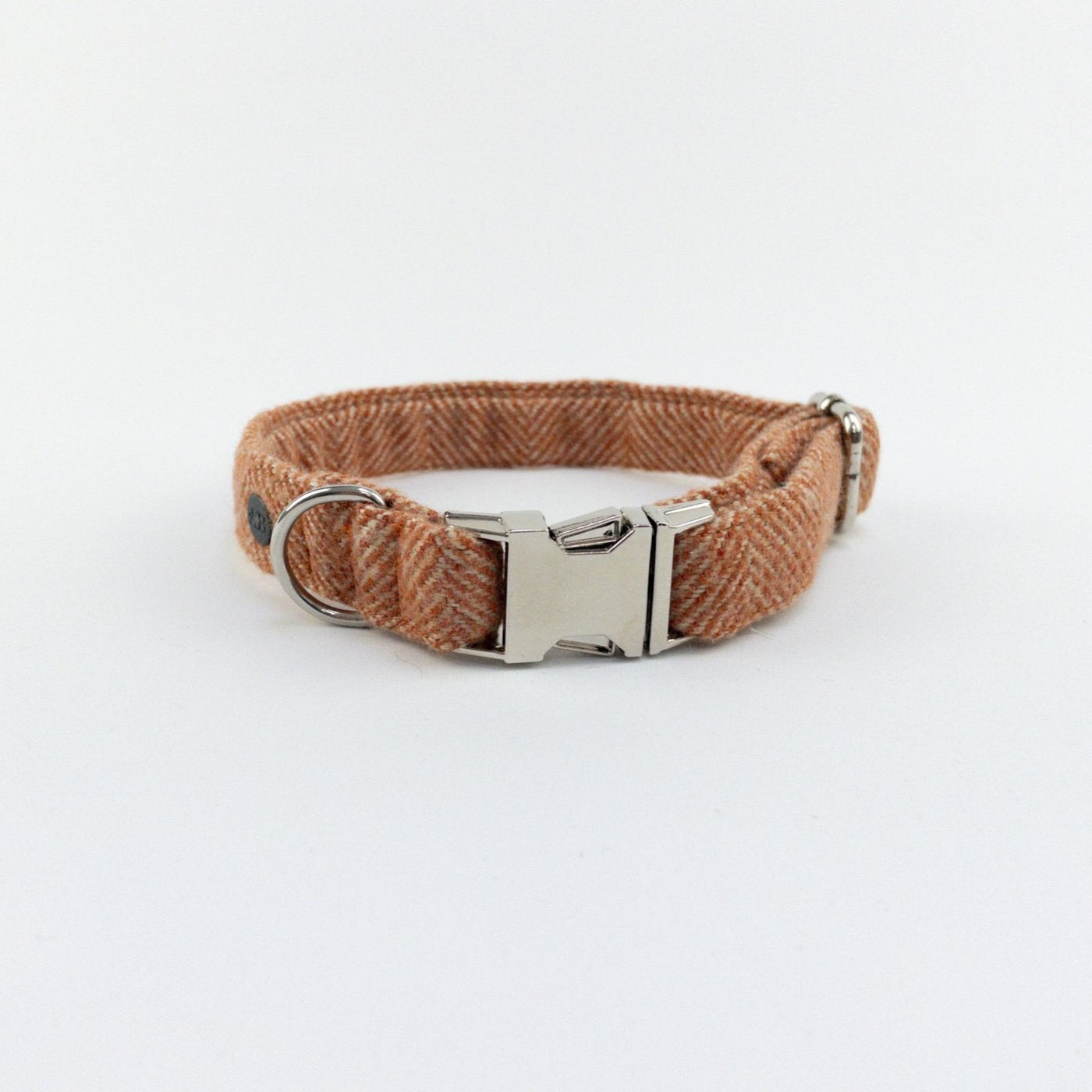 Luxury Burnt Umber Herringbone Tweed Dog Collar from the front.