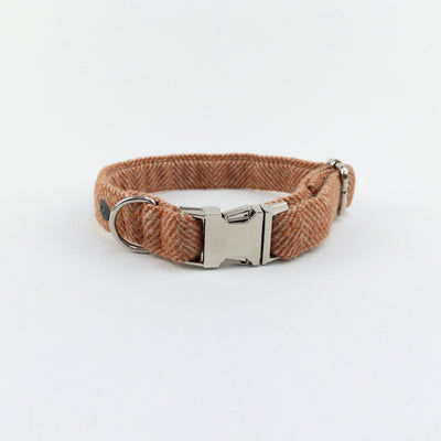 Luxury Burnt Umber Herringbone Tweed Dog Collar from the front.