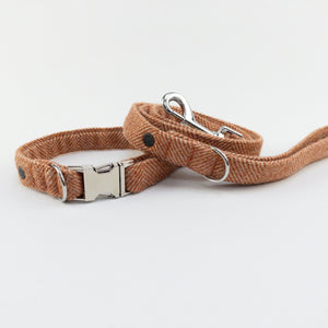 Luxury Burnt Umber Herringbone Tweed Dog Lead shown alongside the matching collar