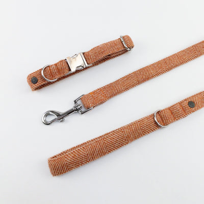 Luxury Burnt Umber Herringbone Tweed Dog Collar and matching lead.