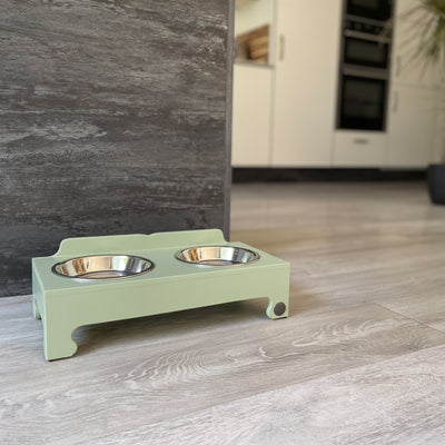 Raised Bowl Feeding Stand in soft green.