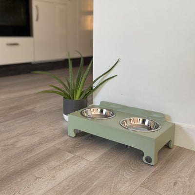 Stainless steel feeding bowls sit inside a raised feeding stand
