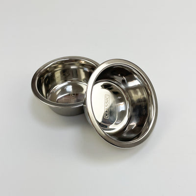 Shallow stainless steel bowls designed to fit Albie's small-sized raised pet feeding stations.