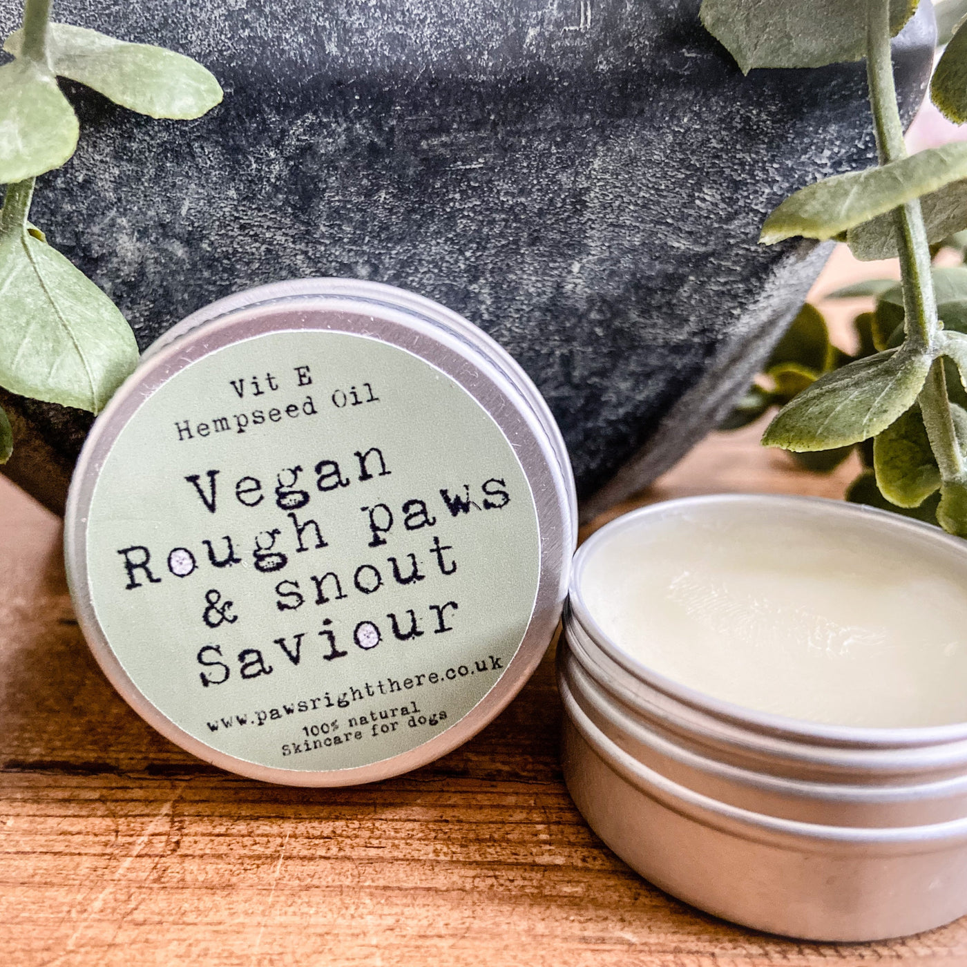 Vegan Rough Paws and Nose Dog Soothing Balm with vitamin E and hempseed oil.