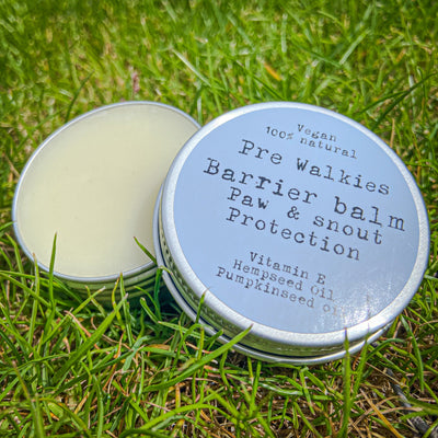 Pre Walkies Barrier Paw and Nose Balm vegan and 100% natural ingredients including Vitamin E, Hempseed and Pumpkinseed oils