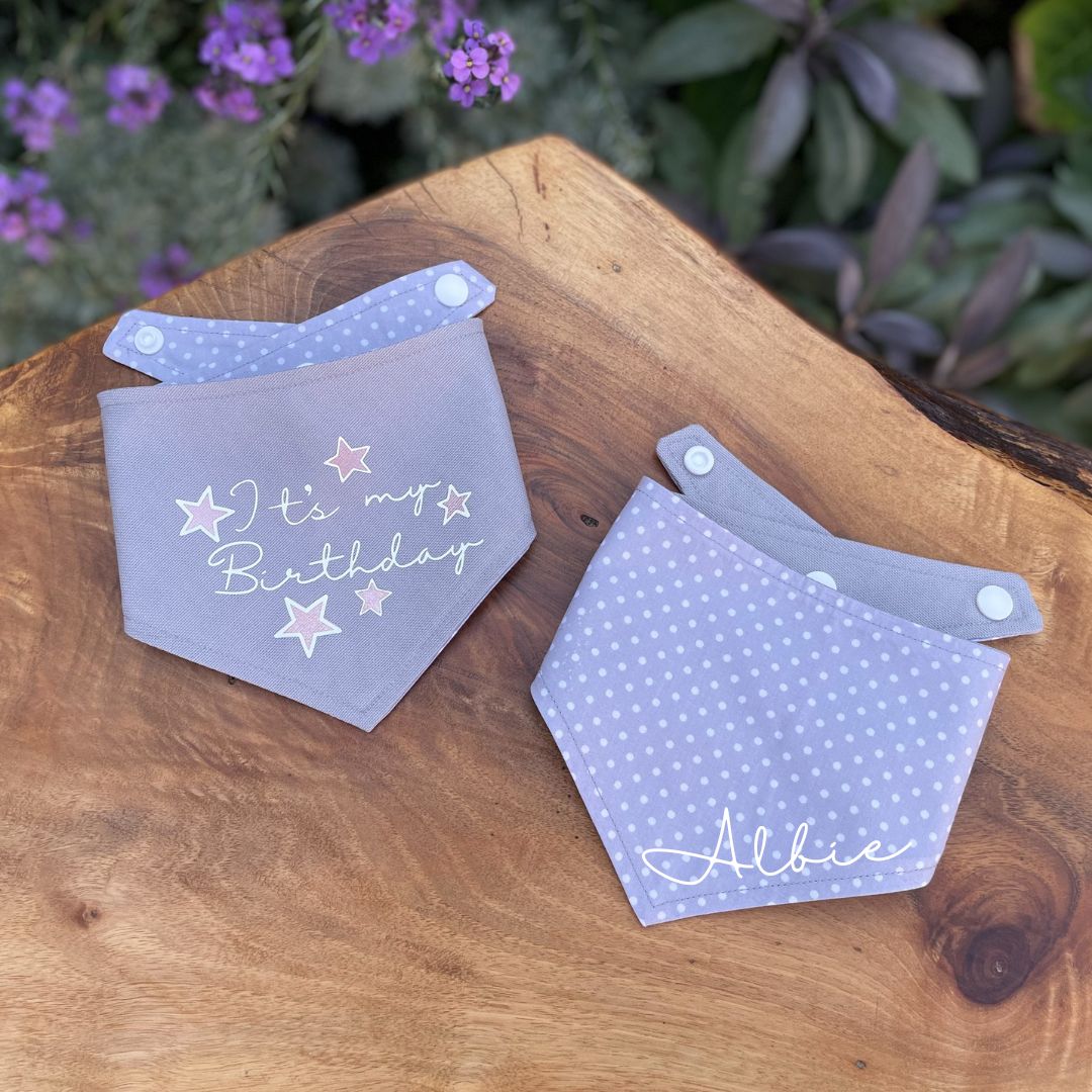 "It's my Birthday" celebration dog bandana personalised with the name Albie.
