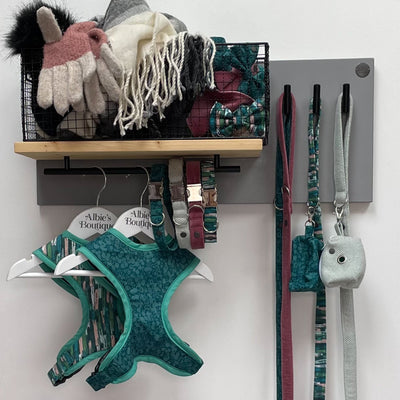 Large single-rail dog lead station with pine shelf and large wire basket  with organised walking accessories.  
