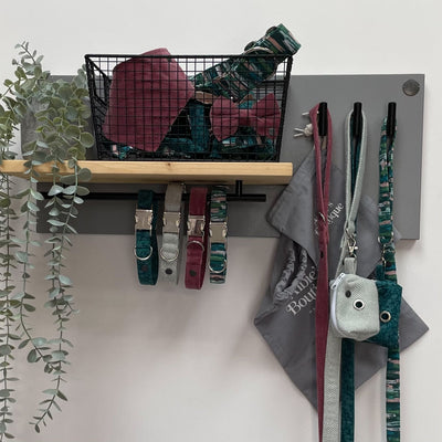 Dog lead station, single-rail, 3 hooks, pine shelf and black wire basket organise dog walk accessories 